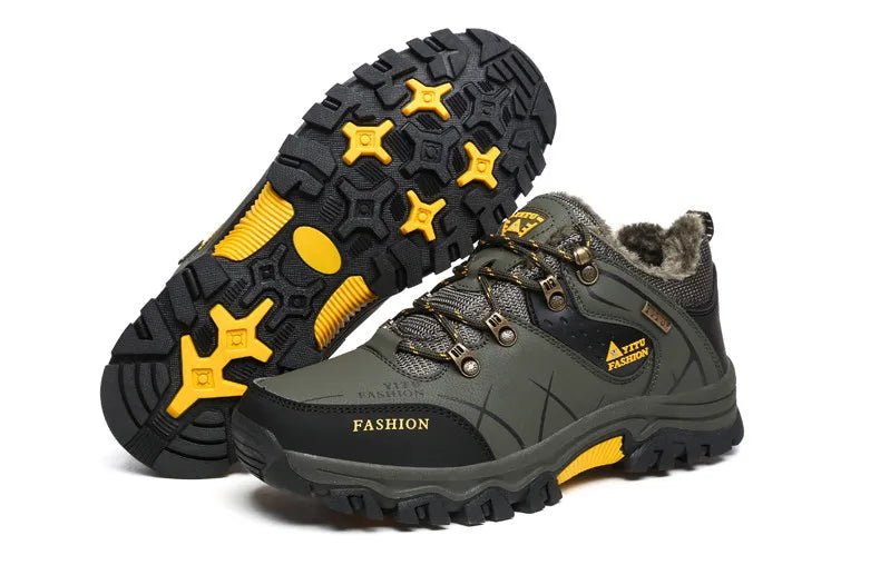 Mandotos International men's winter snow boots, waterproof leather hiking shoes, outdoor warm work boots, size 39-47.