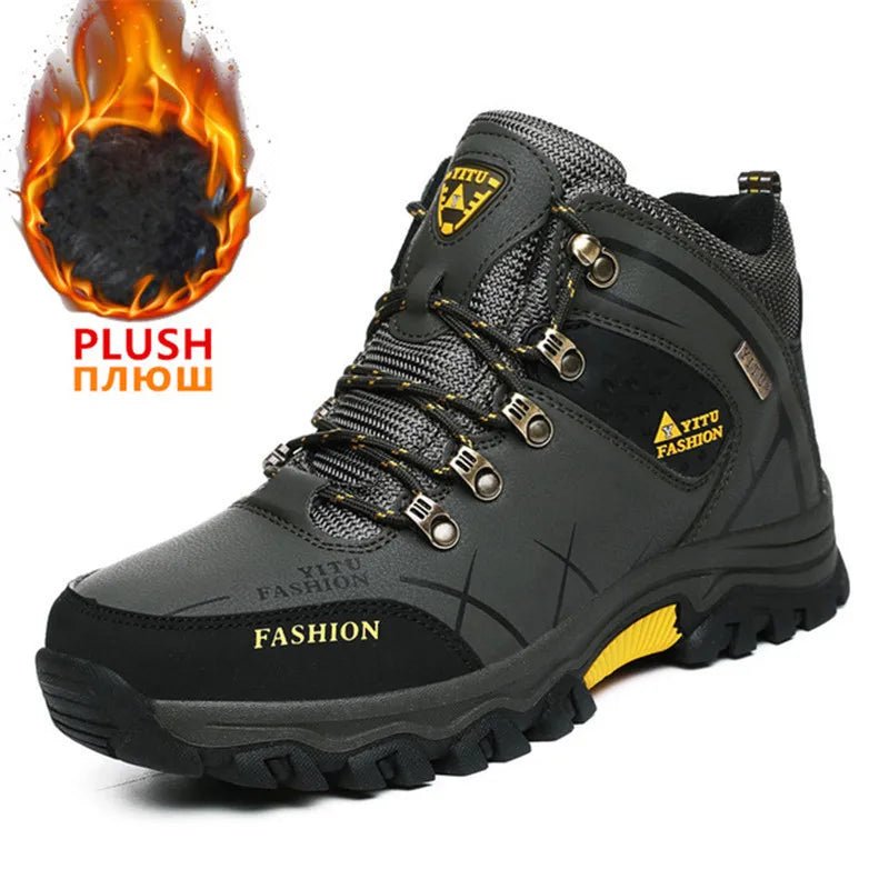 Mandotos international men's waterproof leather winter snow boots, outdoor hiking and work shoes, size 39-47, super warm and durable.