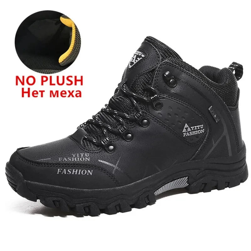 Mandotos men's waterproof leather winter snow boots with sturdy soles, designed for outdoor hiking and work, size 39-47.