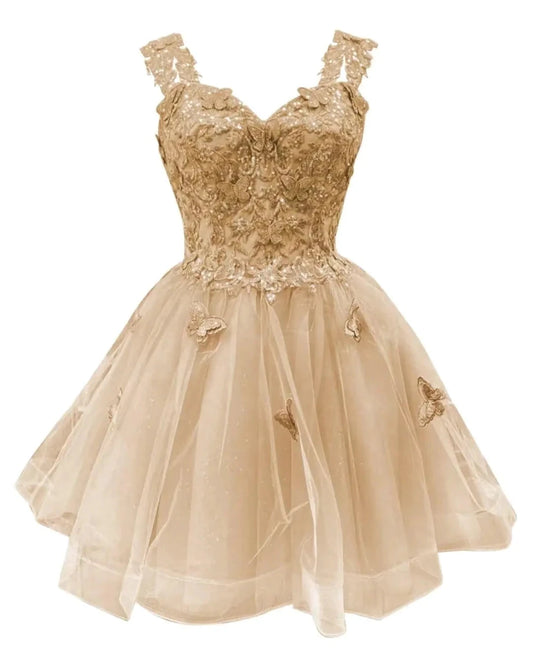 Butterfly Sparkle off-shoulder homecoming dress by MANDOTOS INTERNATIONAL featuring a fitted silhouette and shimmering embellishments.