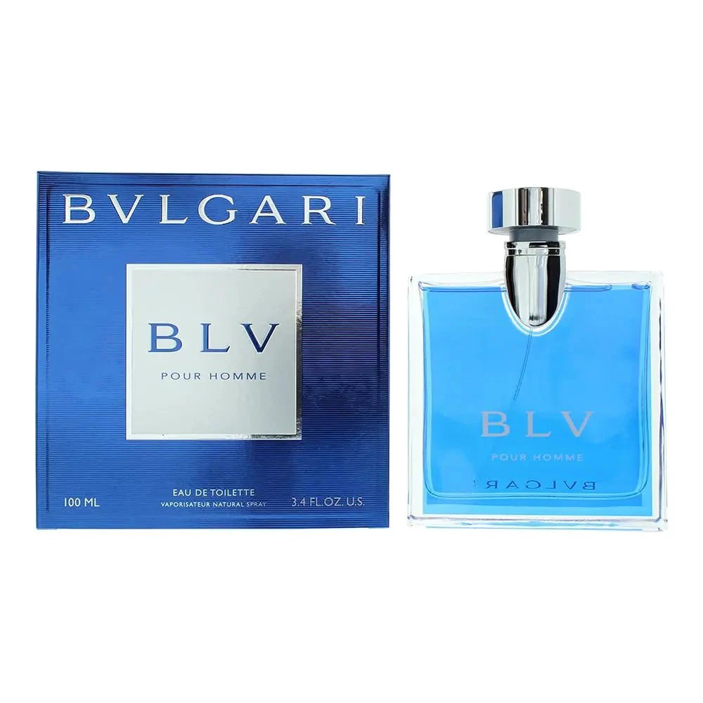 Mandotos International BVLGARI BLV men's 3.4 oz Eau de Toilette bottle with sleek design and silver cap.