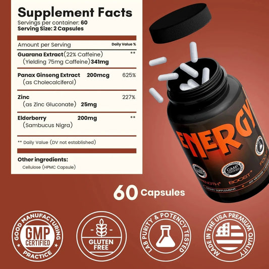Mandotos International caffeine pills alternative to energy drinks, with energy gel and gummies, 60 pills for a quick energy boost.