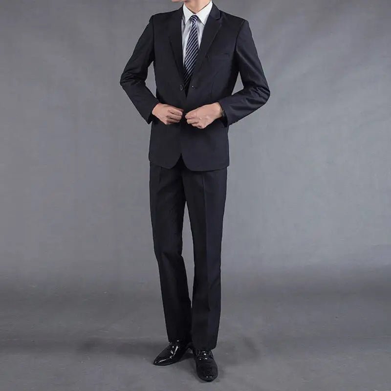 Mandotos International men's casual two-piece suit with cotton fabric, suitable for business or office wear in spring, summer, or autumn.