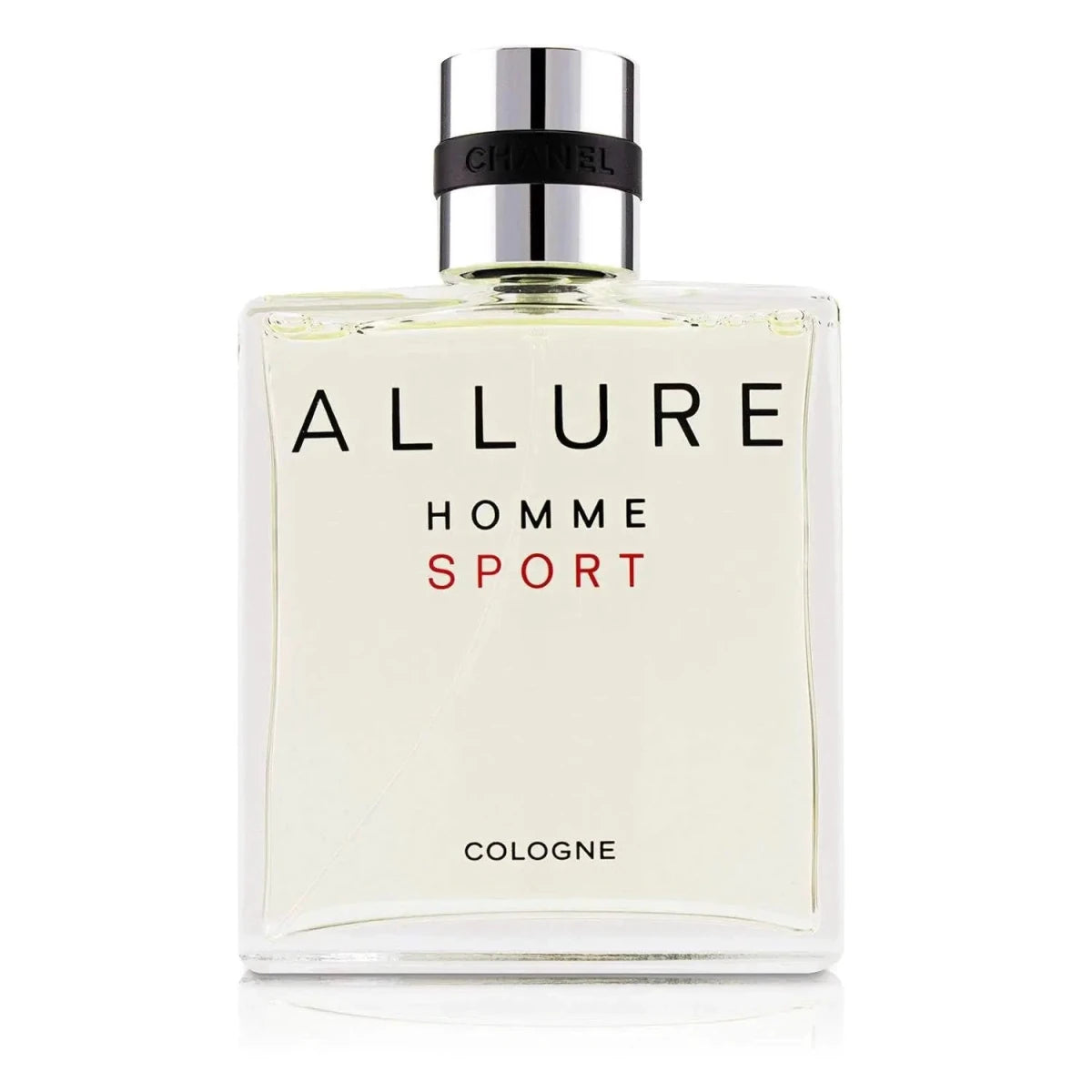 Chanel Allure Men Sport Spray Cologne 5 oz bottle, sleek design with silver accents, designed for a fresh, sporty scent.