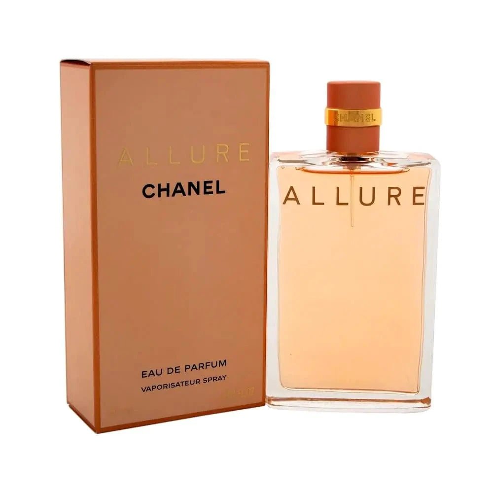 Mandotos International Chanel Allure women's Eau De Parfum 3.4 oz bottle with elegant design and floral accents.