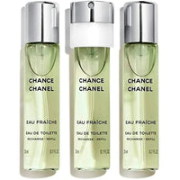 Mandotos International Chanel Chance Fresh Twist Spray EDT refills, 3x20ml bottles, elegant fragrance packaging.