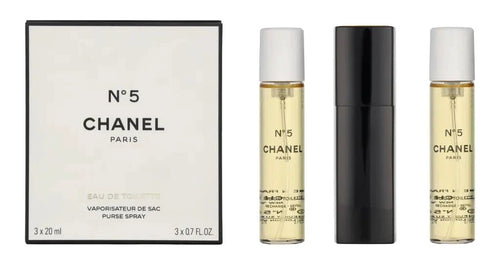Mandotos International Chanel No. 5 women's EDT trio set with three elegant perfume bottles on a clean background.