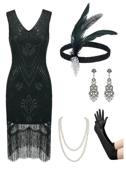 Black Charleston Chic 1920s flapper dress set by MANDOTOS INTERNATIONAL, featuring a vintage-inspired flapper dress in size XL.