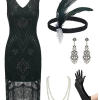 Black Charleston Chic 1920s flapper dress set by MANDOTOS INTERNATIONAL, featuring vintage-style fringe and beadwork, size XL.