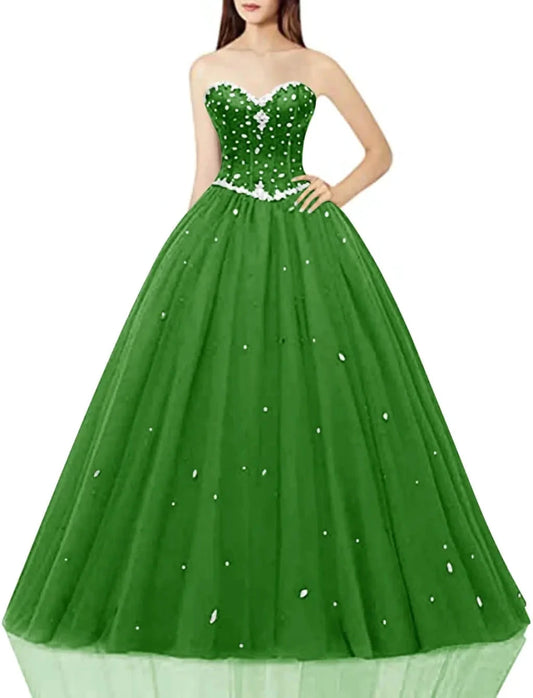 Green sweetheart tulle ball gown for women by MANDOTOS INTERNATIONAL, featuring a fitted bodice and flowing skirt in US24W size.