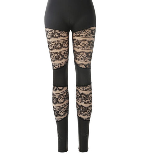 Chic autumn lace and leather leggings by MANDOTOS INTERNATIONAL featuring intricate lace details and sleek leather fabric.