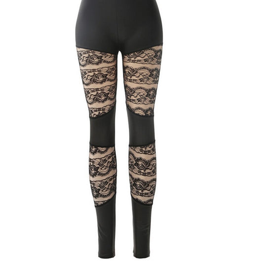 Chic autumn lace and leather leggings by MANDOTOS INTERNATIONAL featuring intricate lace details and sleek leather fabric.