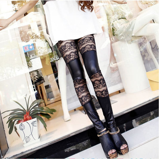 Chic autumn lace and leather leggings by Mandotos International, featuring intricate lace details and sleek leather material.