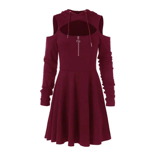 Mandotos International chic hooded zip dress line featuring a stylish hood, full-length zipper, and sleek design for modern fashion.