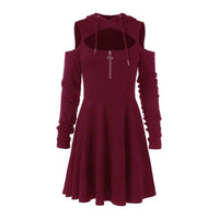 Mandotos International chic hooded zip dress line displayed with a fitted black hooded dress featuring a front zipper and stylish design.