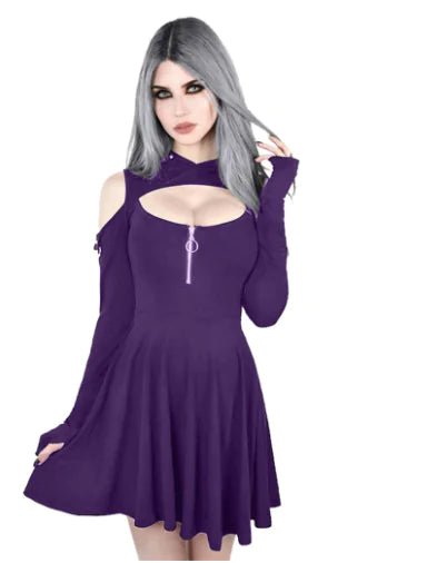 Mandotos International chic hooded zip dress line, featuring a stylish hooded design and front zipper, made with comfortable fabric.