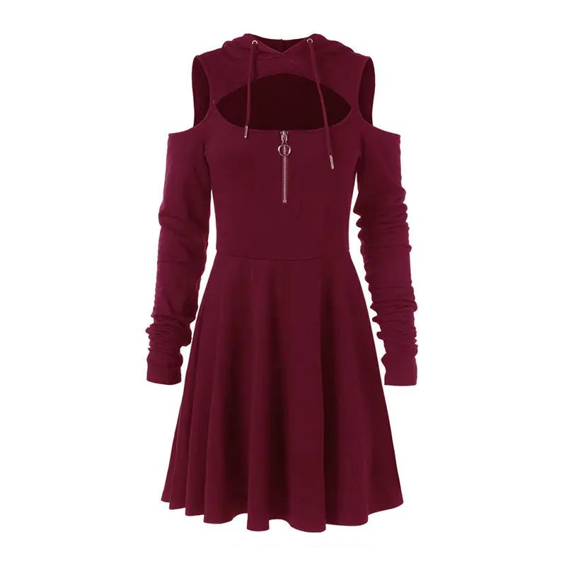 Mandotos International chic hooded zip dress with long sleeves and front zipper, stylish casual apparel for women.