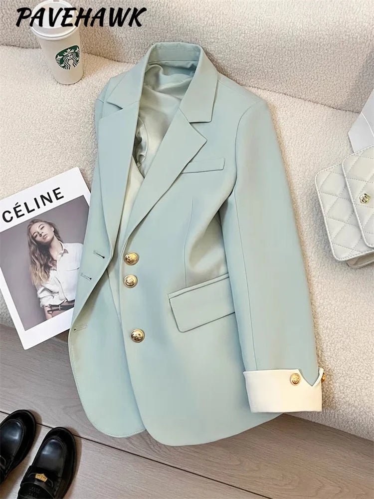Mandotos International women’s blazer coat with stand collar, elegant office outwear, tailored fit, stylish and professional appearance