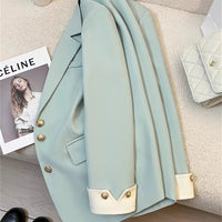 Mandotos International women's blazer coat with stand collar, elegant office outerwear, tailored fit, black color, stylish professional look.