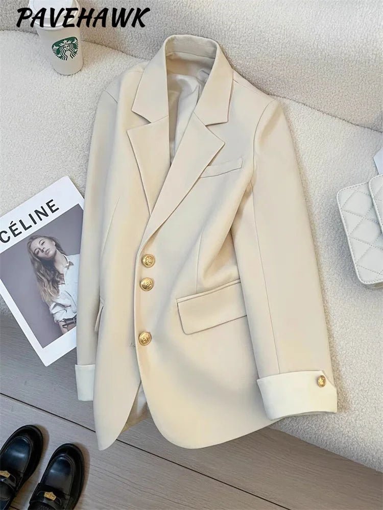 Mandotos International women's blazer coat with stand collar, elegant office outerwear, tailored fit, stylish and professional appearance