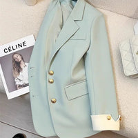 Mandotos International chic women's blazer coat with stand collar, elegant office outerwear, tailored fit in neutral color.