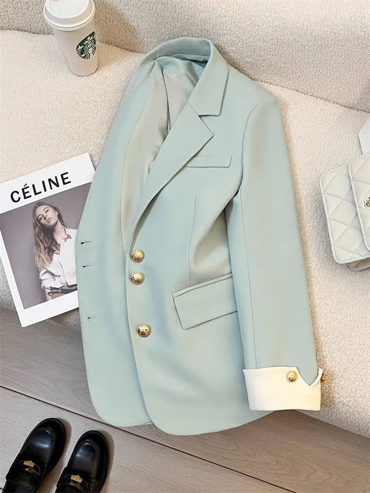 Mandotos International chic women's blazer coat with stand collar, elegant office outerwear, tailored fit in neutral color.