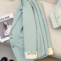 Mandotos International chic women's blazer coat with stand collar, elegant office outerwear, tailored and stylish for professional wear.