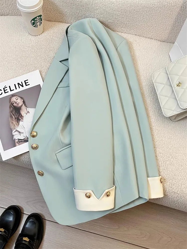 Mandotos International chic women's blazer coat with stand collar, elegant office outerwear, tailored and stylish for professional wear.