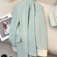 Mandotos International women's blazer coat with stand collar, elegant office outwear, stylish tailored fit in neutral color.