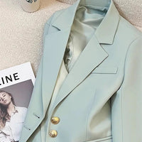 Mandotos International women's blazer coat with stand collar, elegant office outerwear, tailored fit, black fabric, stylish professional look.
