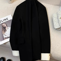 Mandotos International women's blazer coat with stand collar, elegant office outwear, tailored fit, black color, stylish professional look.