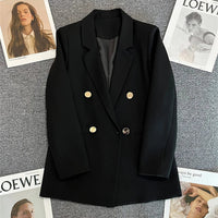 Mandotos International women's blazer coat with stand collar, elegant office outerwear, tailored fit in classic black fabric.