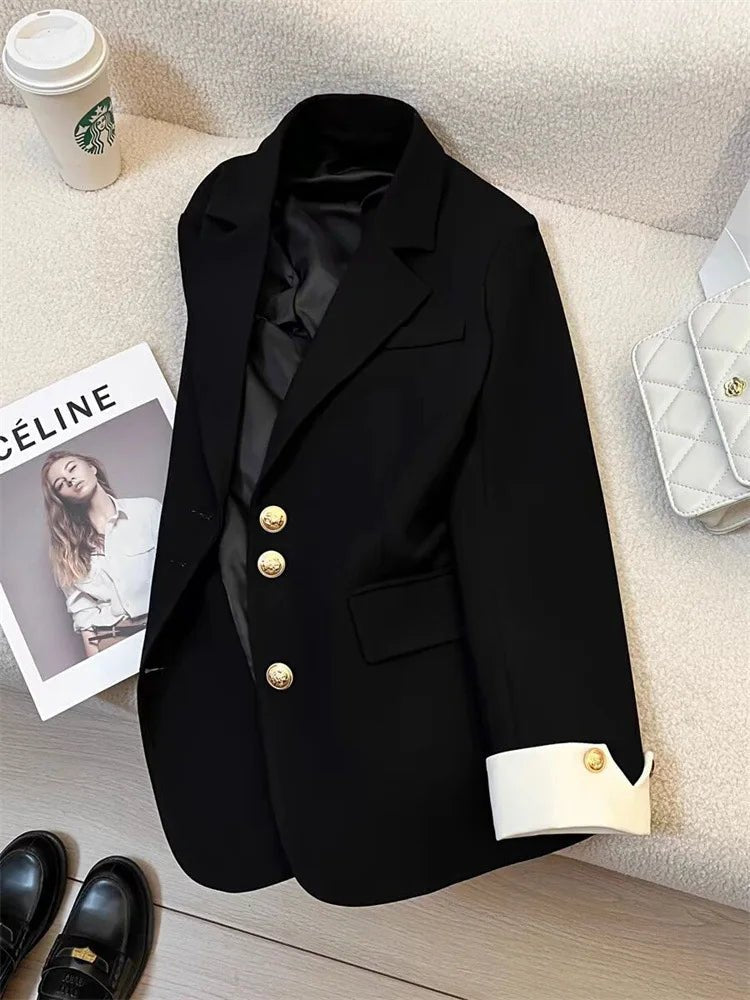 Mandotos International women's blazer coat with stand collar, elegant office outerwear, tailored fit in classic black fabric.