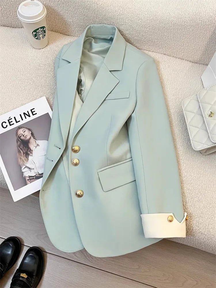 Mandotos International women's blazer coat with a stand collar, stylish office outerwear, elegant and tailored for professional wear.