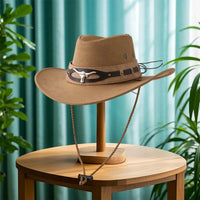 Unisex cowboy hat by Mandotos International with wide brim, stylish felt design for sun protection and fashionable cowgirl look.