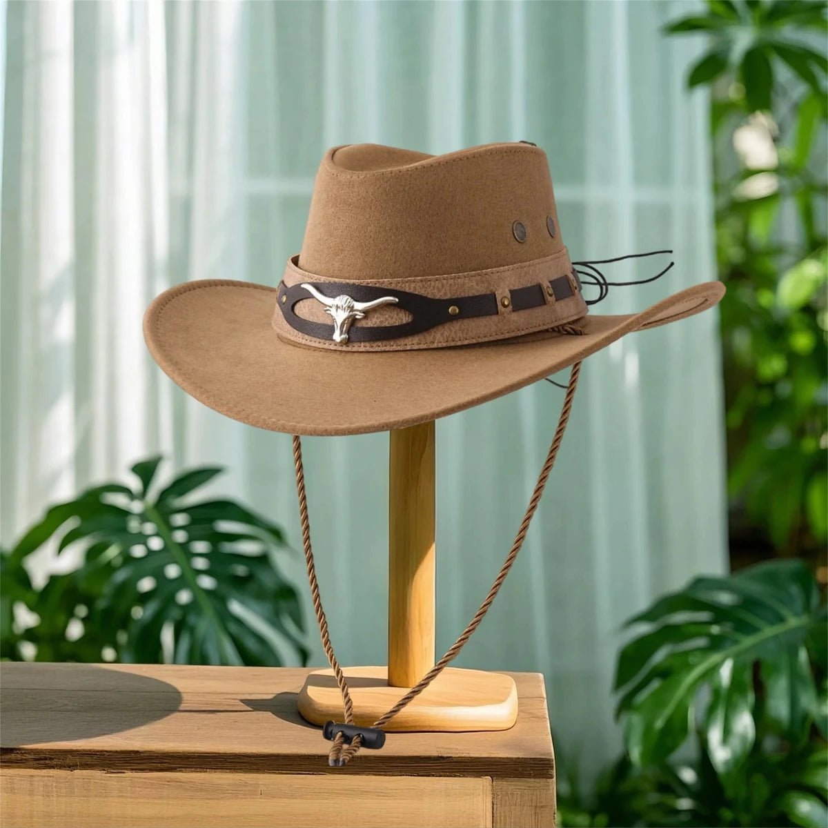 Mandotos International chic unisex cowboy hat with wide brim, stylish felt design, perfect for sun protection and fashionable cowgirl look.