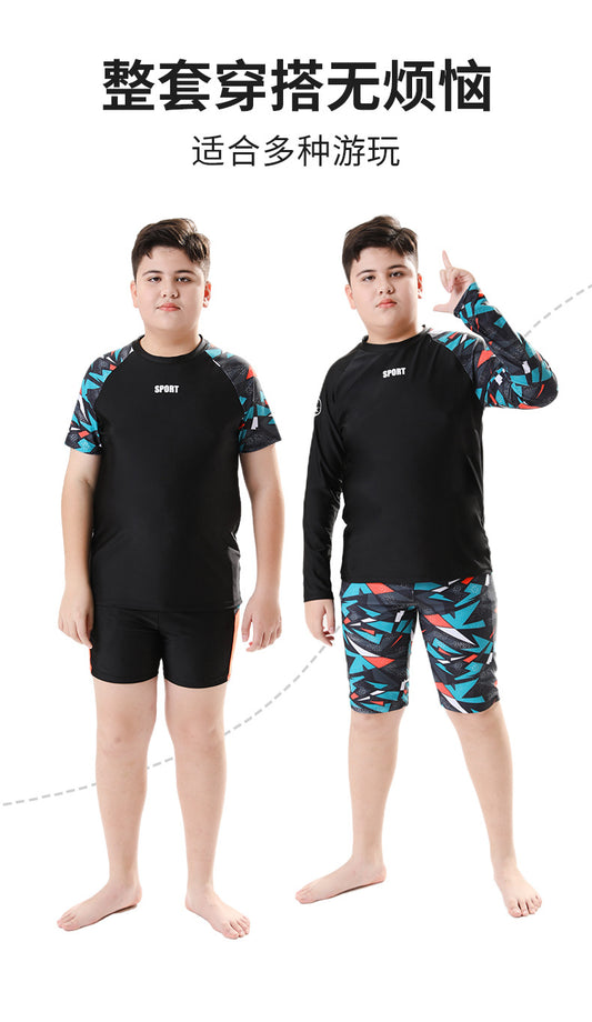 Children's boys' swim trunks by Mandotos International, 2026 new model kids' swimwear for older boys, two-piece hot spring swimwear.