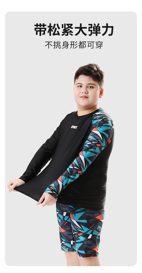 Mandotos International boys' swim trunks, 2026 new model, two-piece youth swimwear with colorful design for kids' hot spring swimming.