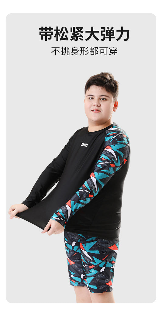 Mandotos International boys' swim trunks, 2026 new model, two-piece youth swimwear with colorful design for kids' hot spring swimming.