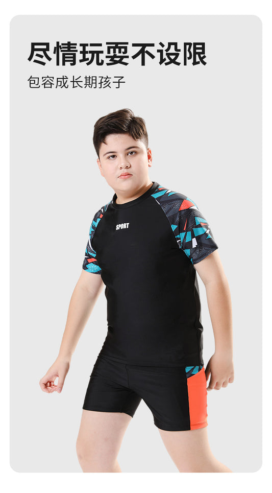 Mandotos International boys' swim trunks, 2026 new model, two-piece youth swimwear with colorful design, suitable for older children.