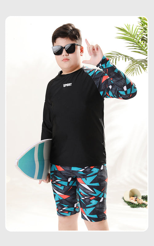 Mandotos International boys' swim trunks in vibrant colors, two-piece youth swimwear for older children and kids.