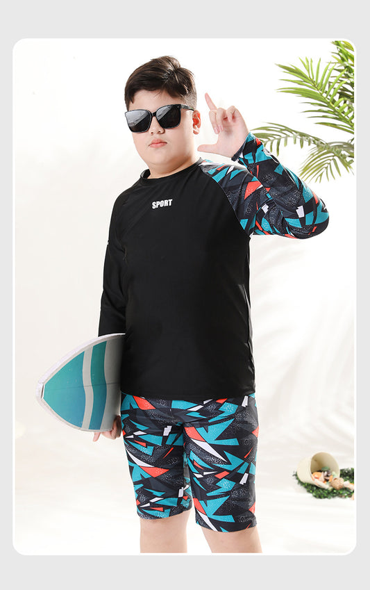 Mandotos International boys' swim trunks in vibrant colors, two-piece youth swimwear for older children and kids.