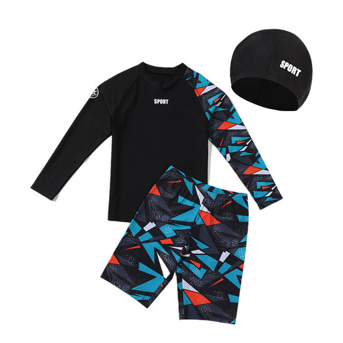 Mandotos International boys' swim trunks, new 2026 model, kids' two-piece swimwear for older children, vibrant hot spring design.