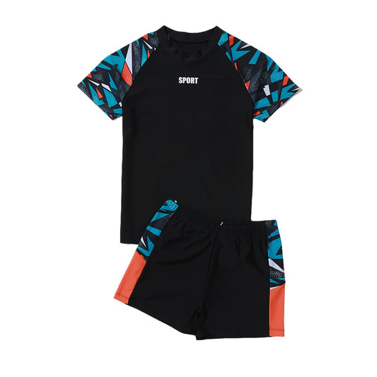 Mandotos International boys' swim trunks, 2026 new model, two-piece youth swimwear with colorful design for kids and older children.