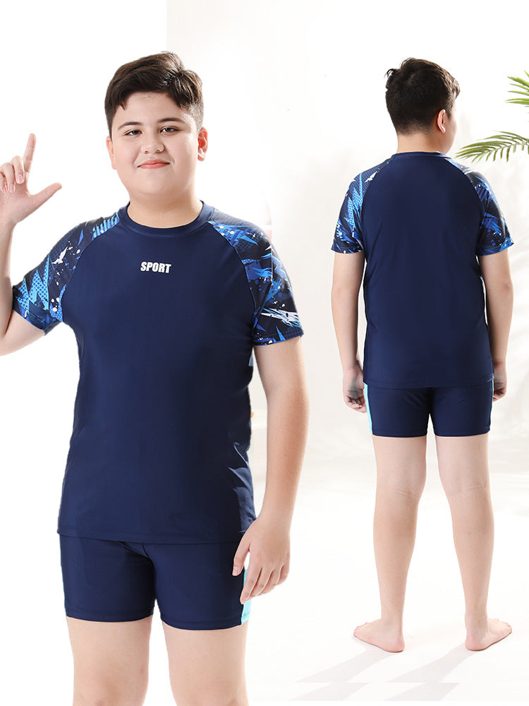 Children's swimwear for boys, two-piece sun-protective swim trunks by Mandotos International, new 2026 model, hot spring set.
