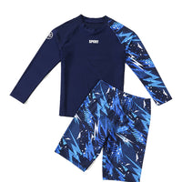 Children's boys' two-piece swim trunks by Mandotos International, professional sun-protective swimwear for hot spring vacations.