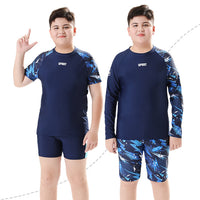 Children's boys' two-piece swim trunks by Mandotos International, sun-protective swimwear for older boys, 2026 model.