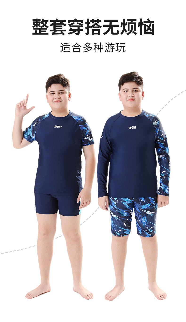 Children's boys' two-piece swim trunks by Mandotos International, sun-protective swimwear for older boys, 2026 model.