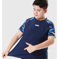 Children's boys' two-piece swim trunks by Mandotos International, sun-protective swimwear designed for hot springs and outdoor swimming.