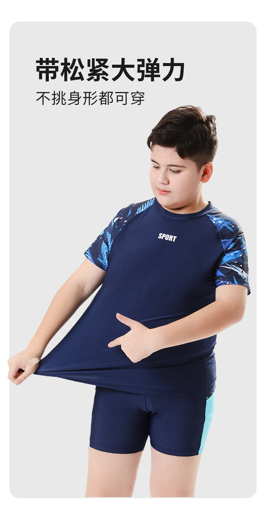 Children's boys' two-piece swim trunks by Mandotos International, sun-protective swimwear designed for hot springs and outdoor swimming.